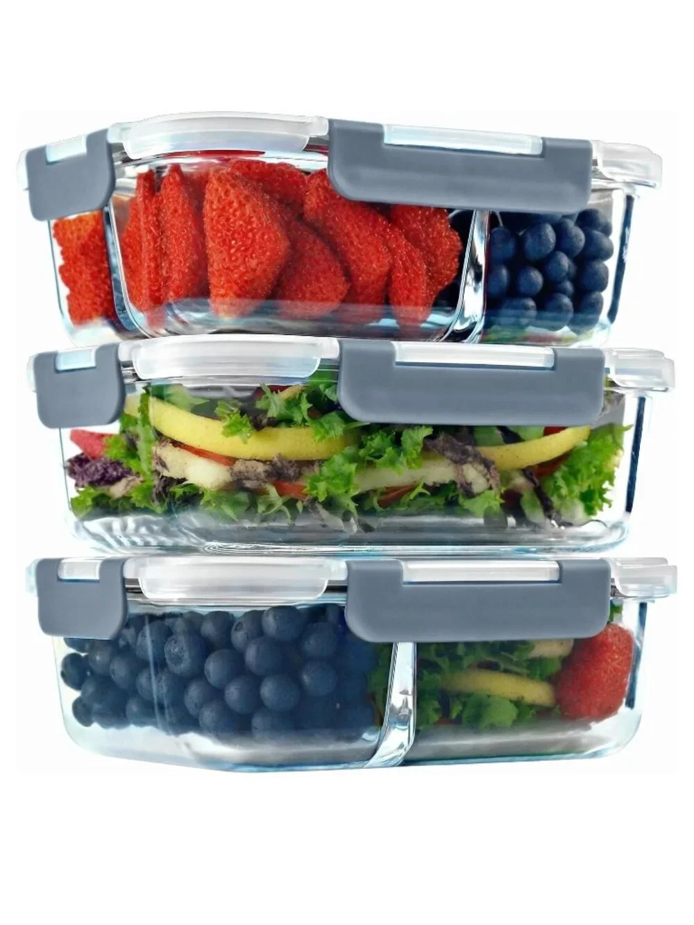 NIB: Set of 3 Glass Food Storage Containers with Lids - Clear/Black